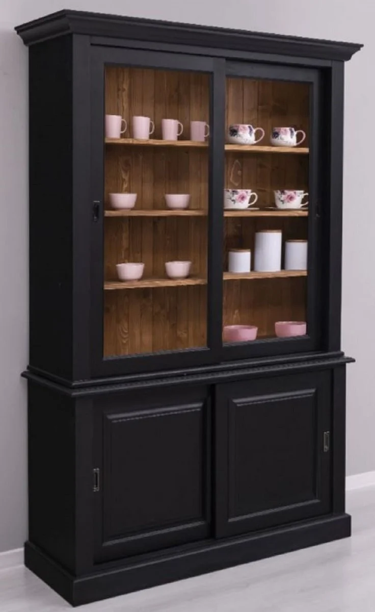 Casa Padrino Landhausstil Esszimmerschrank Schwarz / Braun 141 x 48 x H. 212 cm - Massivholz Schrank mit 4 Schiebetüren - Landhausstil Massivholz Esszimmer Möbel
