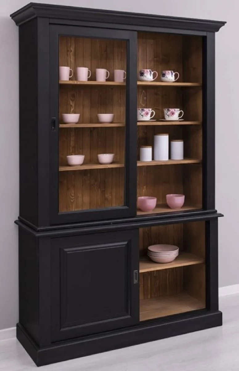 Casa Padrino Landhausstil Esszimmerschrank Schwarz / Braun 141 x 48 x H. 212 cm - Massivholz Schrank mit 4 Schiebetüren - Landhausstil Massivholz Esszimmer Möbel