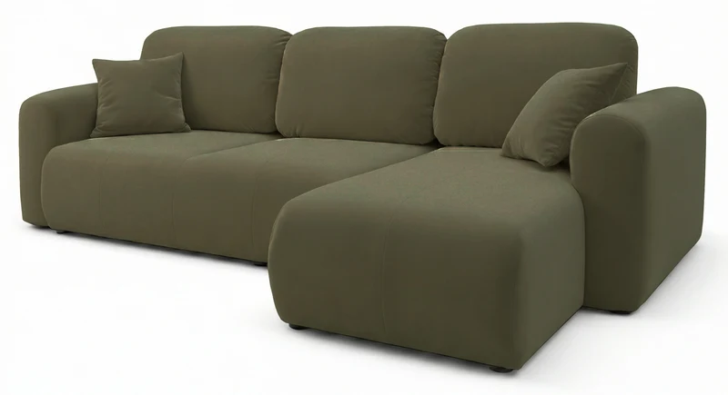 Ecksofa mit Schlafunktion Olido, L-förmig, universell, mit Stauraum, olivgrüner hydrophober Samt