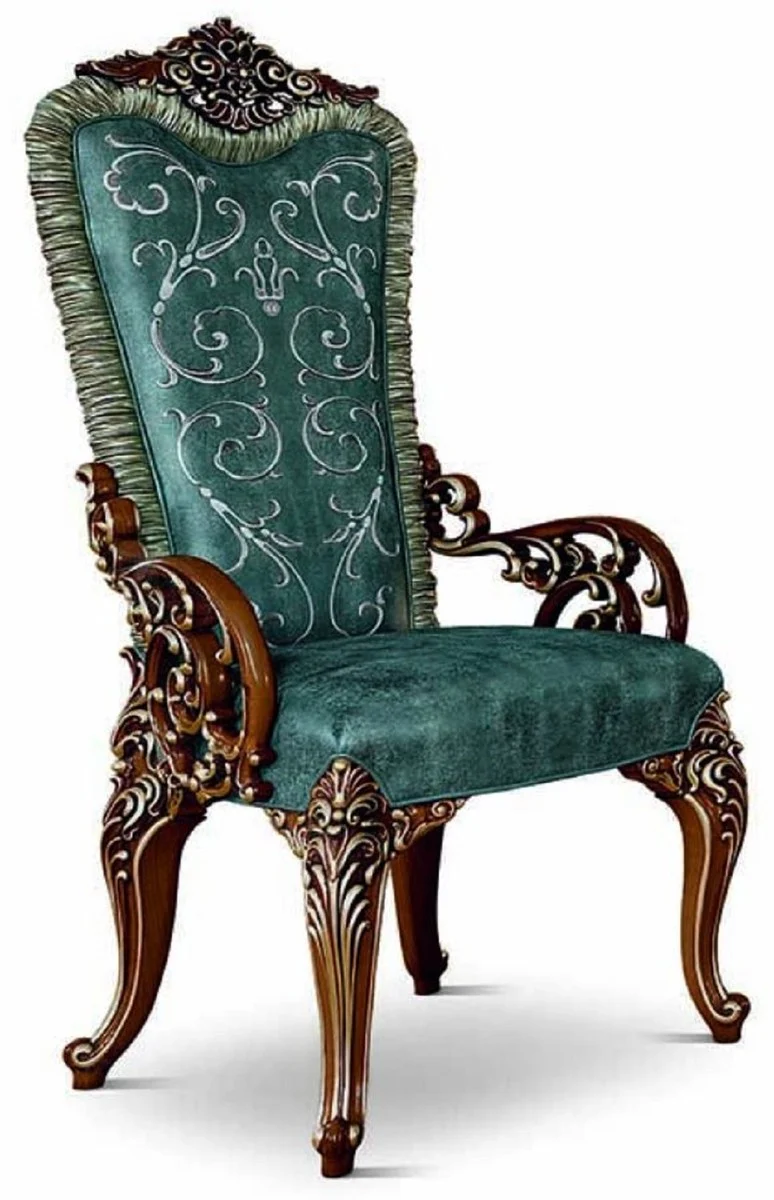 Casa Padrino Luxus Barock Esszimmer Stuhl mit Armlehnen Grün / Braun / Gold - Made in Italy