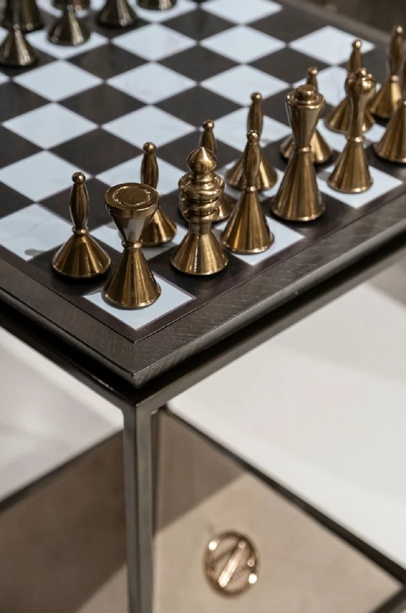 Casa Padrino Luxus Schach Beistelltisch Dunkelbraun / Weiß / Beige / Bronze 50 x 50 x H. 70 cm - Wohnzimmer Beistelltisch - Hotel Tisch - Wohnzimmer Möbel - Hotel Möbel - Luxus Qualität