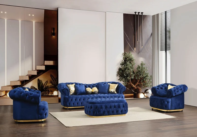 Casa Padrino Luxus Chesterfield Samt Sofa Blau / Gold / Schwarz 240 cm