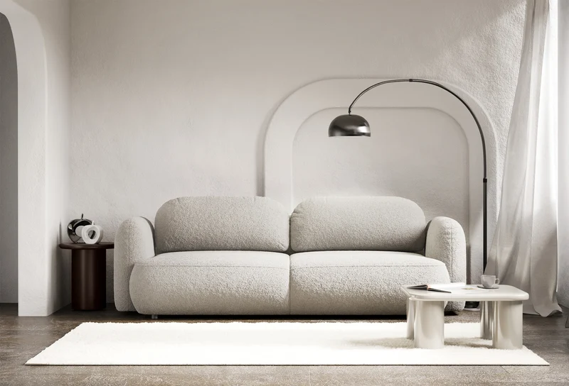 Dreisitziges ausklappbares Sofa Tvoya in hellem Beige Bouclé