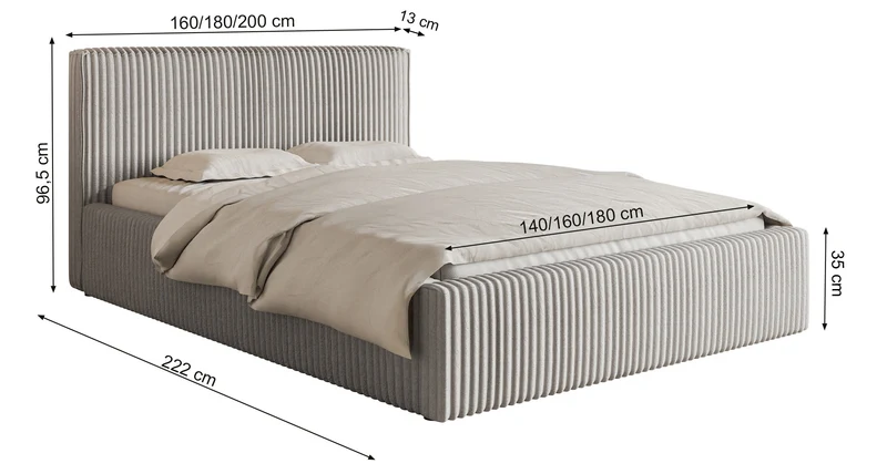 Polsterbett 180x200 cm Tilio mit Stauraum, Metallrost, grau-beige, dicker Cordstoff
