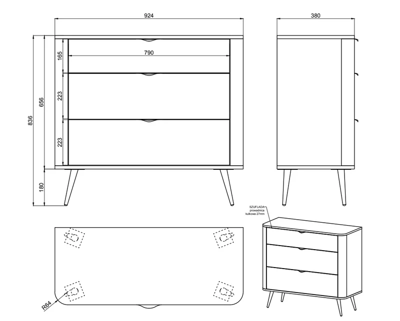 Ovaler Kommode mit drei Schubladen 92 cm Weiß