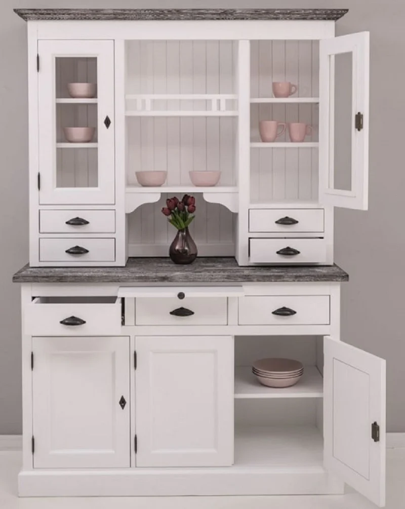 Casa Padrino Landhausstil Küchenschrank Weiß / Dunkelgrau 138 x 50 x H. 197 cm - 2 Teiliger Küchenschrank mit 5 Türen und 7 Schubladen - Landhausstil Küchenmöbel