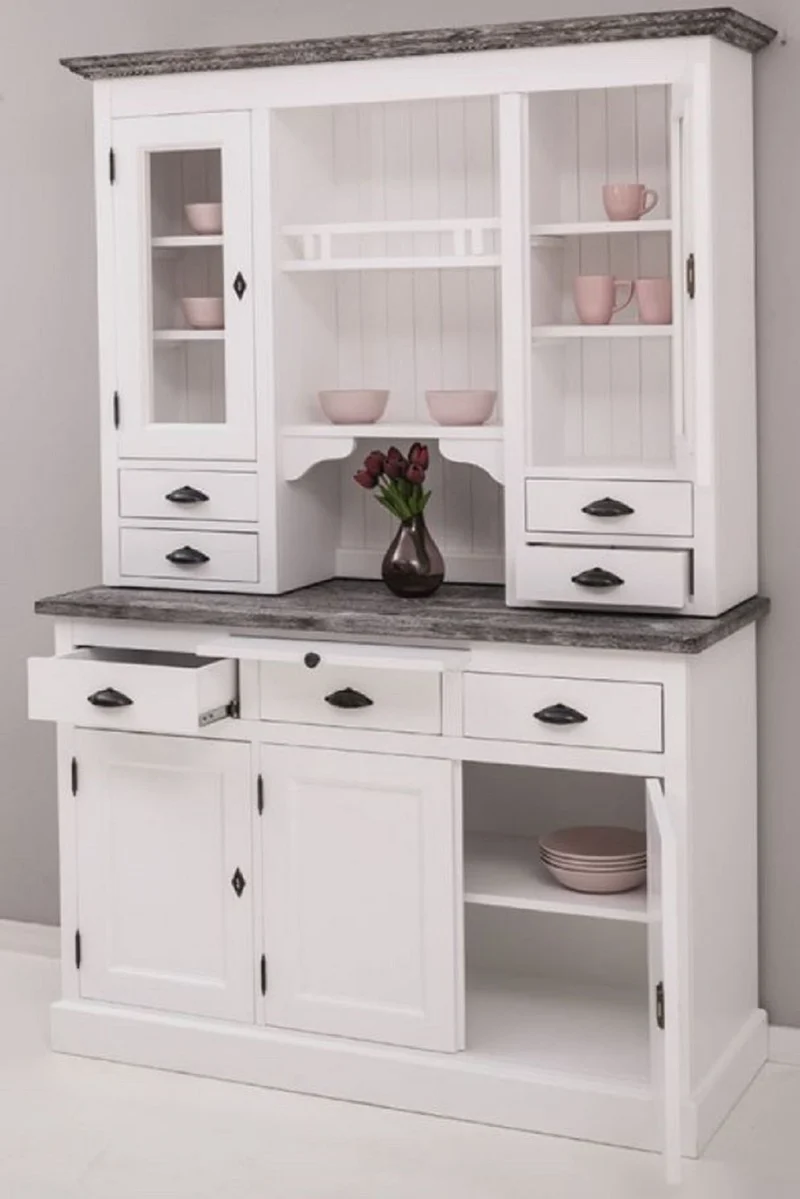 Casa Padrino Landhausstil Küchenschrank Weiß / Dunkelgrau 138 x 50 x H. 197 cm - 2 Teiliger Küchenschrank mit 5 Türen und 7 Schubladen - Landhausstil Küchenmöbel