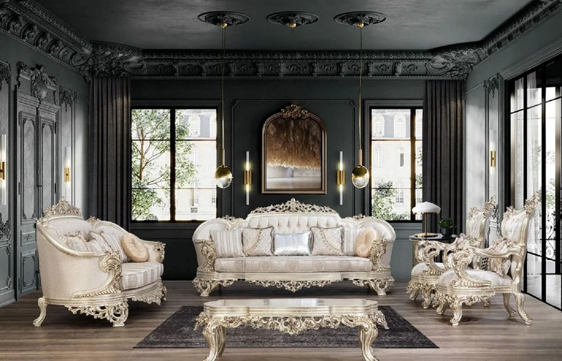 Casa Padrino Luxus Barock Sofa Cremefarben / Beige / Antik Gold - Prunkvolles Wohnzimmer Sofa mit elegantem Muster - Barock Wohnzimmer Möbel
