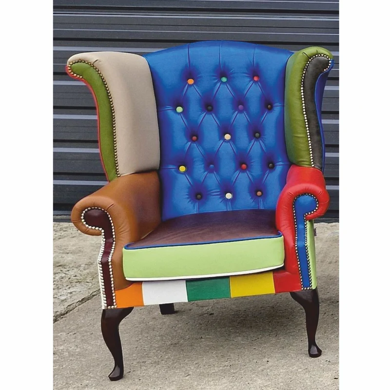 Casa Padrino Luxus Chesterfield Ohrensessel Blau / Bunt / Dunkelbraun - Patchwork Echtleder Möbel