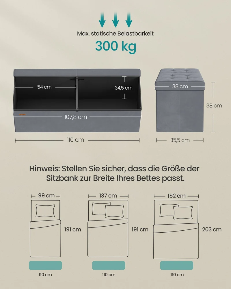 Aufbewahrungsbank - 38 x 110 x 38 cm - Mit Klappdeckel - Für Schlafzimmer Oder Flur
