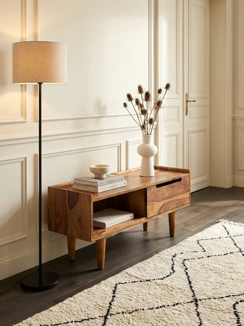 Lowboard Massivholz Modern Stil für Fernseher bis 50 Zoll mit Schiebetür und 2 Fächern