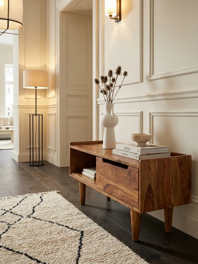 Lowboard Massivholz Modern Stil für Fernseher bis 50 Zoll mit Schiebetür und 2 Fächern