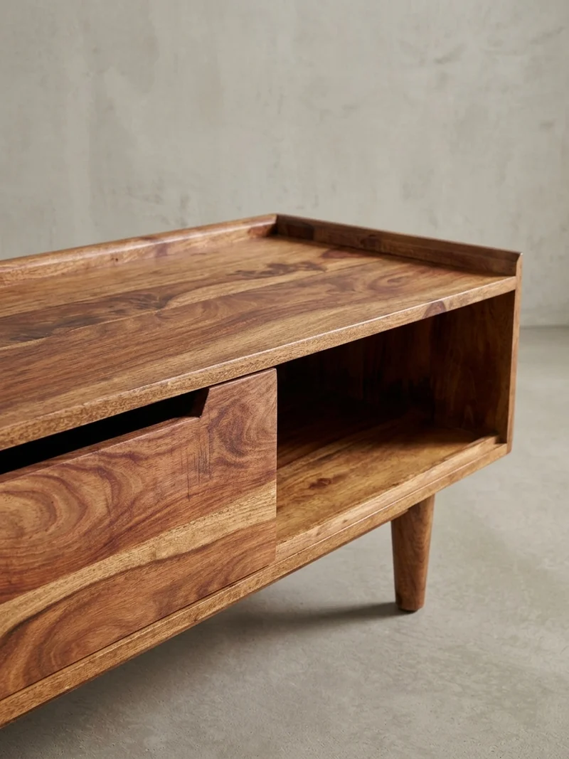 Lowboard Massivholz Modern Stil für Fernseher bis 50 Zoll mit Schiebetür und 2 Fächern