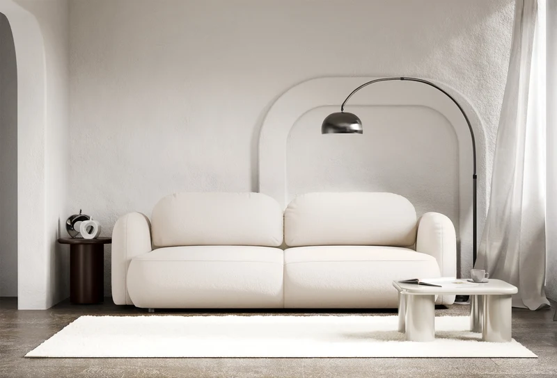 Drei-Sitzer ausklappbares Sofa Tvoya in cremefarbenem Chenille