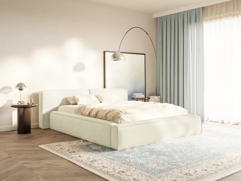 Polsterbett 160x200 cm Tilves Low mit Stauraum, Metallrahmen, cremefarbenes Chenille