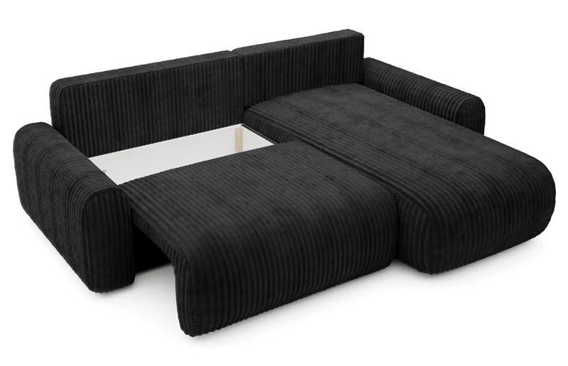 Ecksofa mit Schlaffunktion Lelu, L-förmig, universell, mit Stauraum, schwarzer Cordstoff