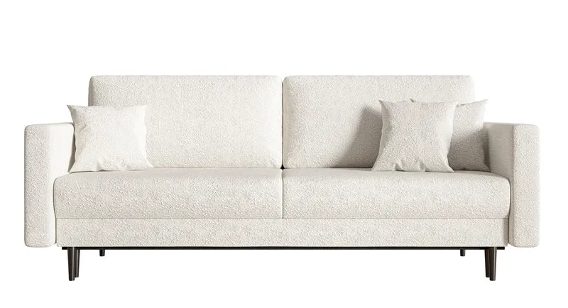 Dreisitziges ausklappbares Sofa Valico, cremefarbenes Bouclé, schwarze Beine