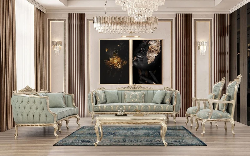 Casa Padrino Luxus Barock Sofa Grün / Antik Gold - Prunkvolles Wohnzimmer Sofa mit elegantem Muster - Barock Wohnzimmer Möbel