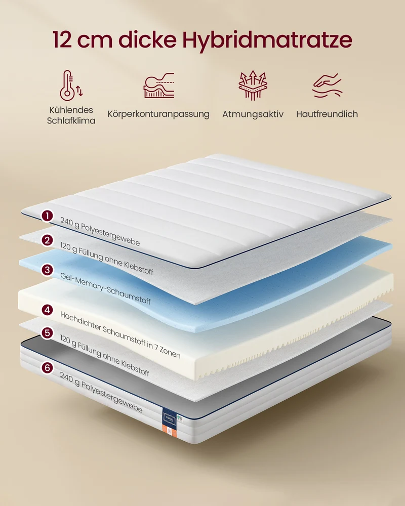 Matratze Gel-Memoryschaum 12 cm - 7-Zonen-Unterstützung - Mit Abnehmbarem Waschbarem Bezug