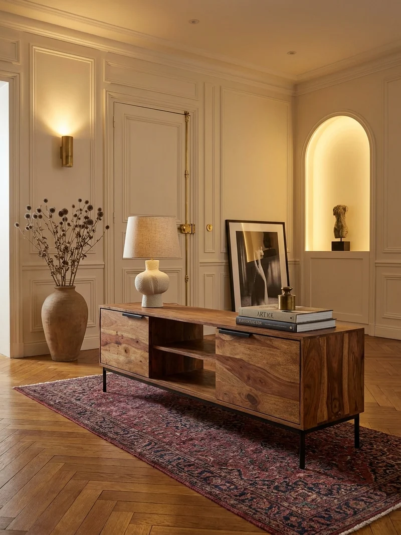 Lowboard Massivholz Landhausstil für 60-Zoll Fernseher mit offenen Fächern