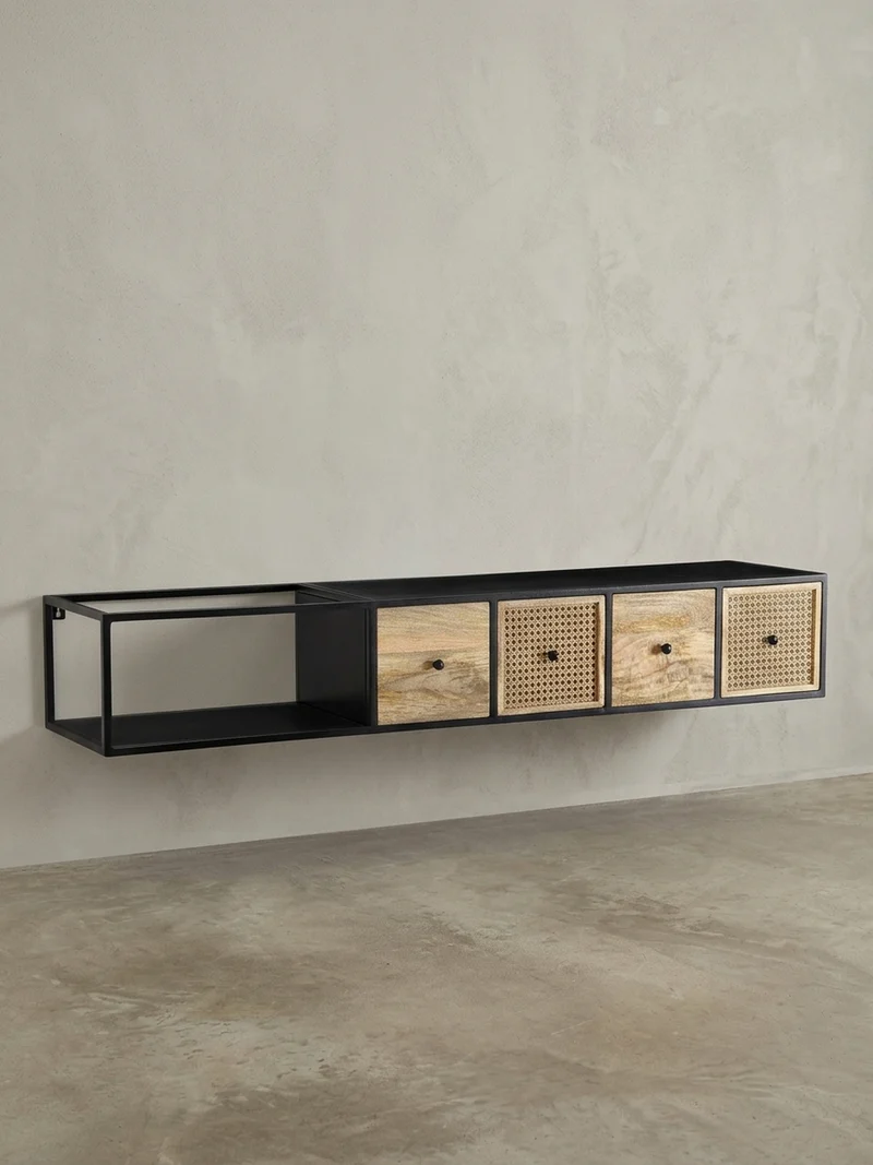 Lowboard Hängend Mango Massivholz Metall Modern Stil mit Schubladen und Rattan-Fronten