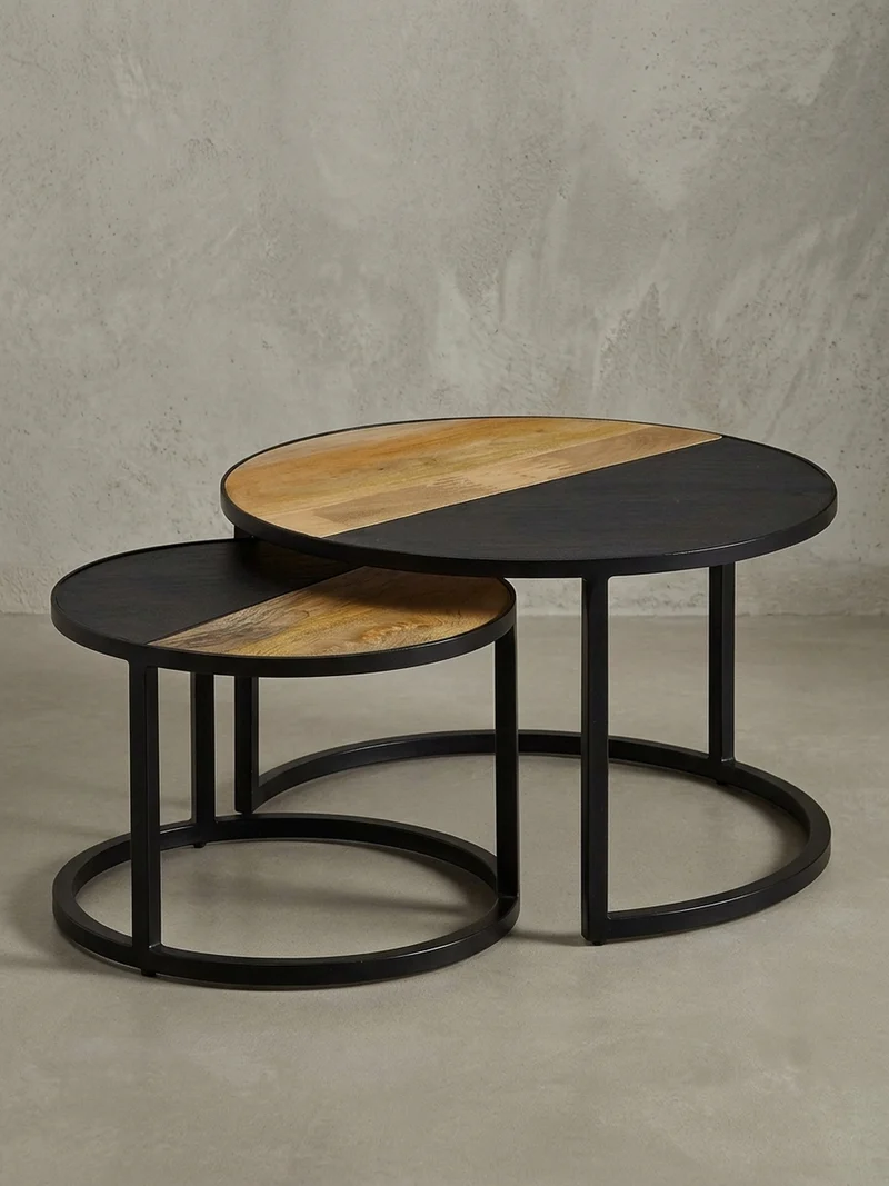 Couchtisch Set – Rund Mango Massivholz Steinoptik 2-teilig modern