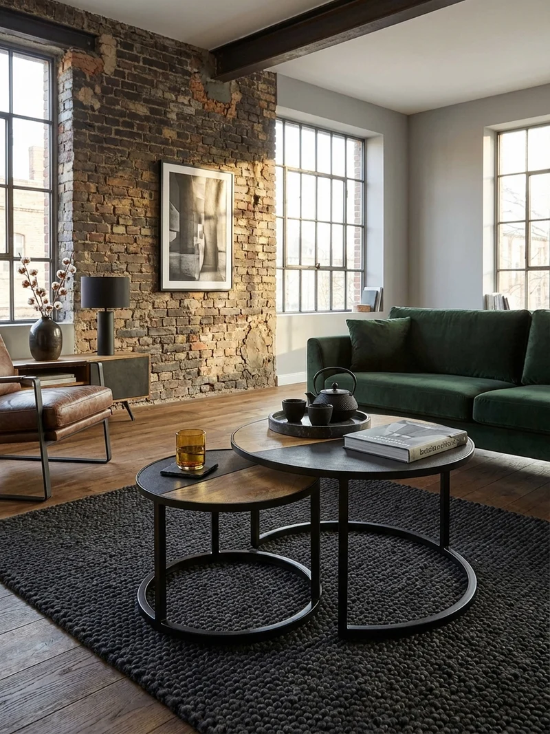 Couchtisch Set – Rund Mango Massivholz Steinoptik 2-teilig modern