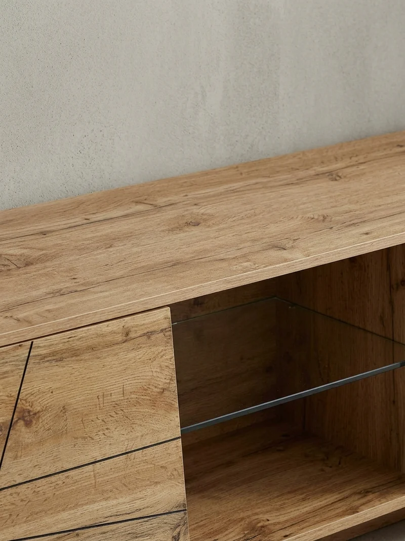 Lowboard Eiche-Dekor Modern Stil für 70-Zoll Fernseher mit Glasablage