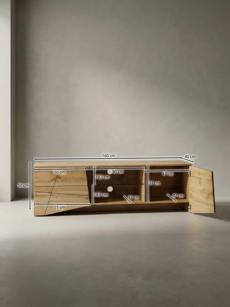 Lowboard Eiche-Dekor Modern Stil für 70-Zoll Fernseher mit Glasablage