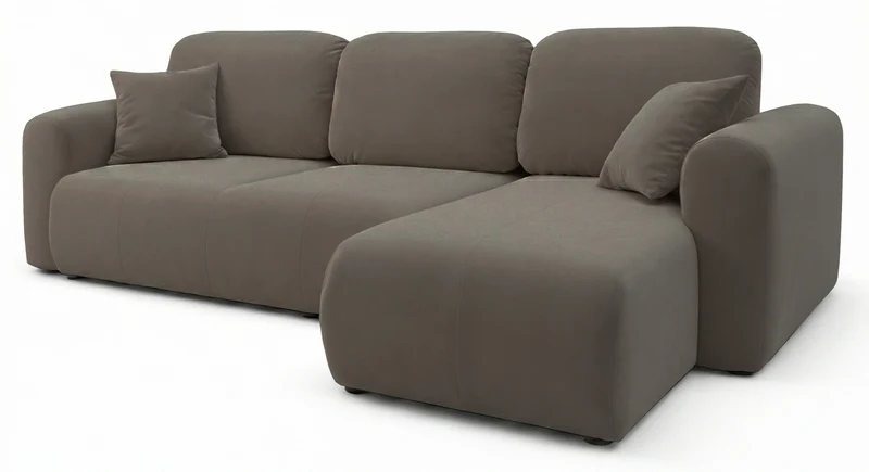 Ecksofa mit Schlaffunktion Olido, L-förmig, universell, mit Stauraum, dunkelbeige, hydrophobes Samtgewebe