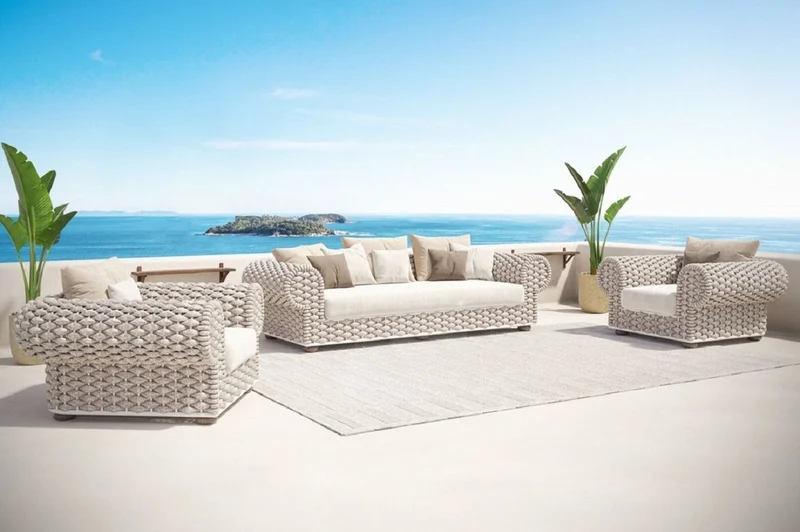 Casa Padrino Luxus 3er Gartensofa Creme / Beige / Weiß / Braun 258 cm