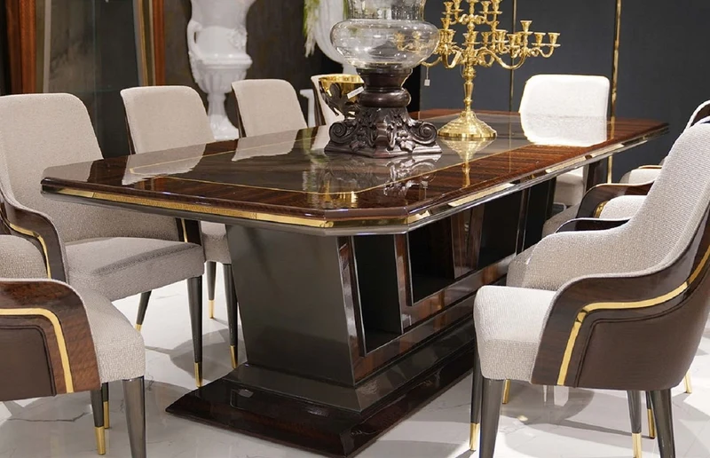 Casa Padrino Luxus Esstisch Grau / Braun / Gold 350 x 112 x H. 70 cm - Rechteckiger Massivholz Küchentisch - Esszimmer Möbel - Luxus Möbel - Luxus Kollektion