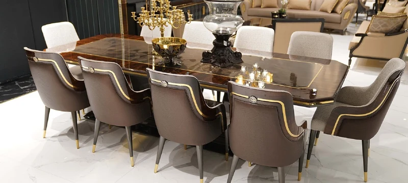 Casa Padrino Luxus Esstisch Grau / Braun / Gold 350 x 112 x H. 70 cm - Rechteckiger Massivholz Küchentisch - Esszimmer Möbel - Luxus Möbel - Luxus Kollektion