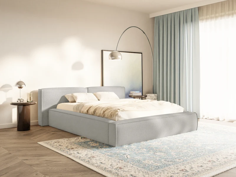 Polsterbett 140x200 cm Tilves Low mit Stauraum, Metallrahmen, hellgrauer Chenillestoff