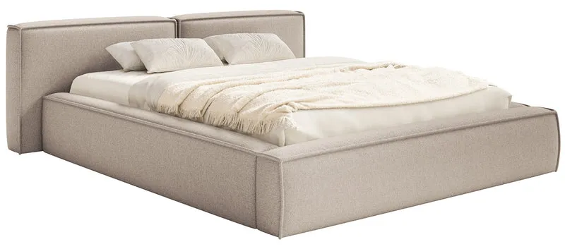 Polsterbett 200x200 cm Tilves Low mit Stauraum, Metallrahmen, beiger Chenille-Stoff