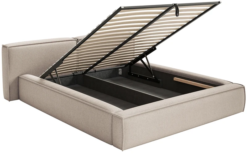 Polsterbett 200x200 cm Tilves Low mit Stauraum, Metallrahmen, beiger Chenille-Stoff