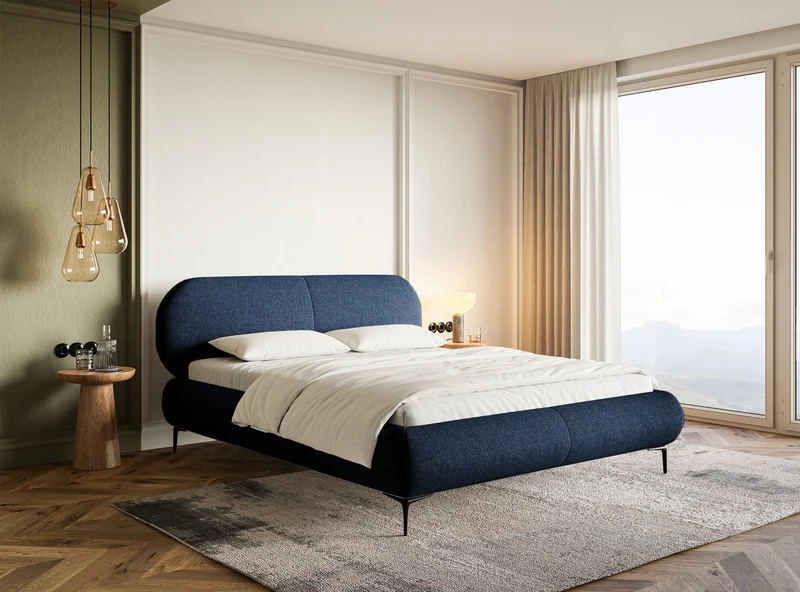 Polsterbett 160x200 cm Ovalle, marineblau, wasserabweisendes Geflecht, schwarze Beine