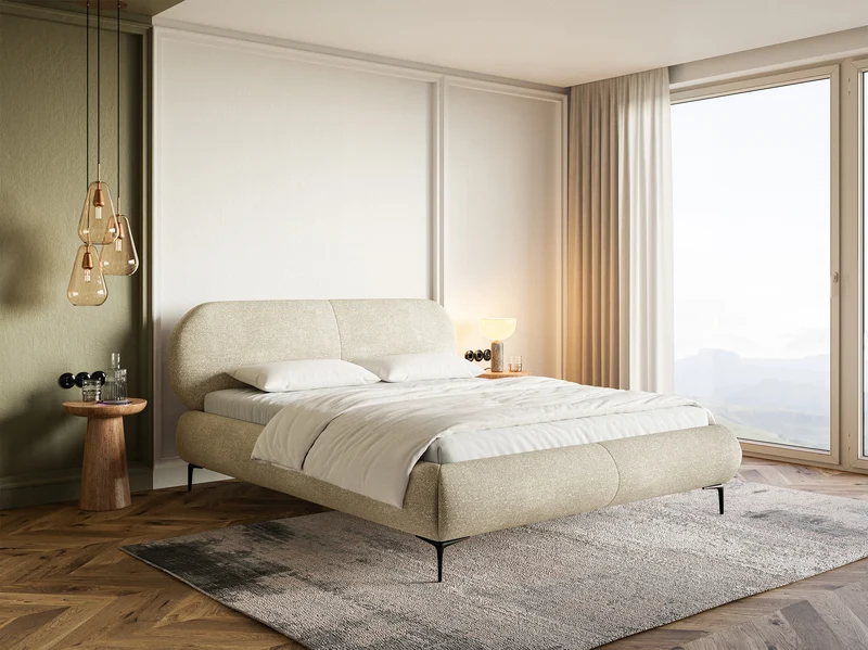 Polsterbett 160x200 cm Ovalle mit Stauraum, Metallrahmen, beige Chenille, schwarze Beine