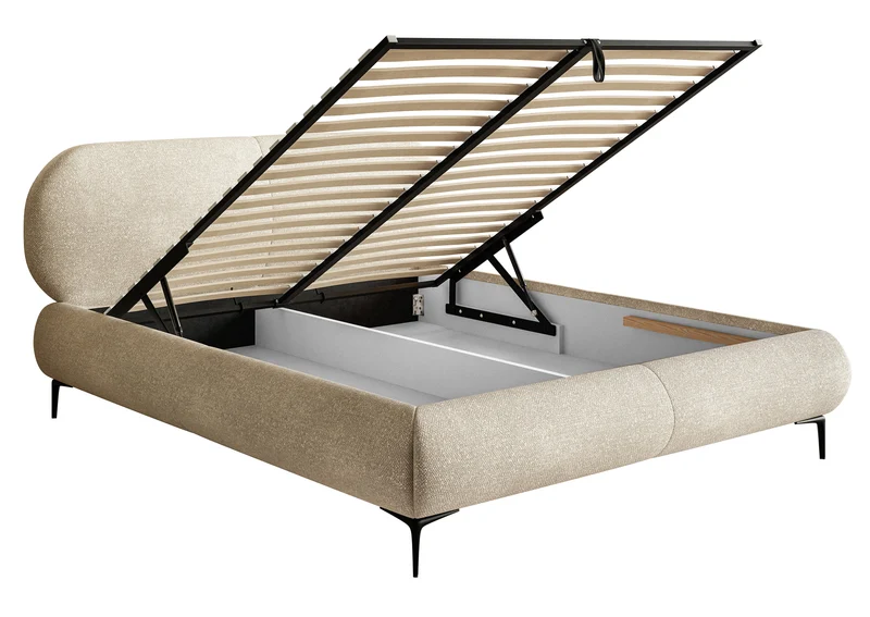 Polsterbett 160x200 cm Ovalle mit Stauraum, Metallrahmen, beige Chenille, schwarze Beine
