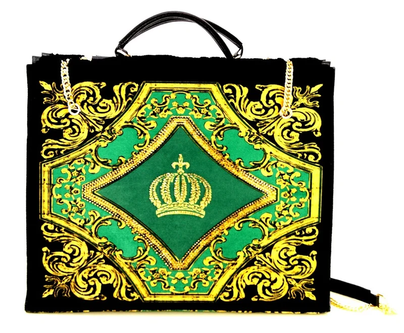 Pompöös by Casa Padrino Luxus Damen Handtasche Krone und Glitzersteine Grün / Schwarz / Gold 43 x H. 43 cm - designed by Harald Glööckler