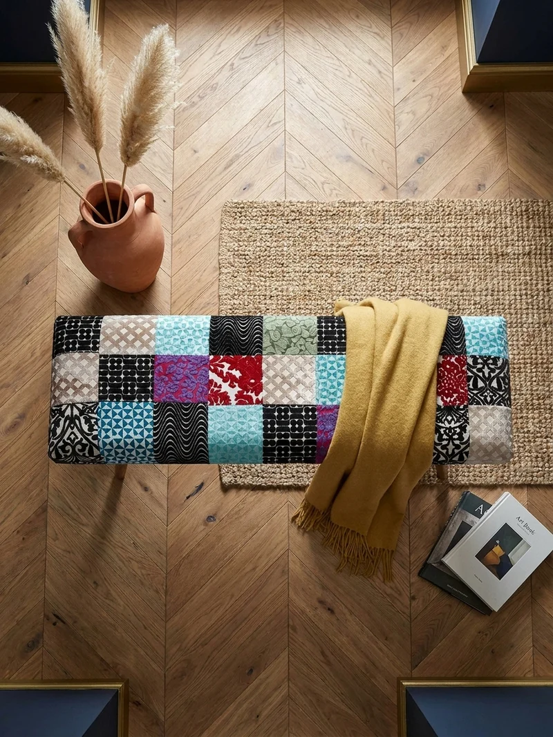 Sitzbank – Patchwork-Stoff, Massivholzbeine