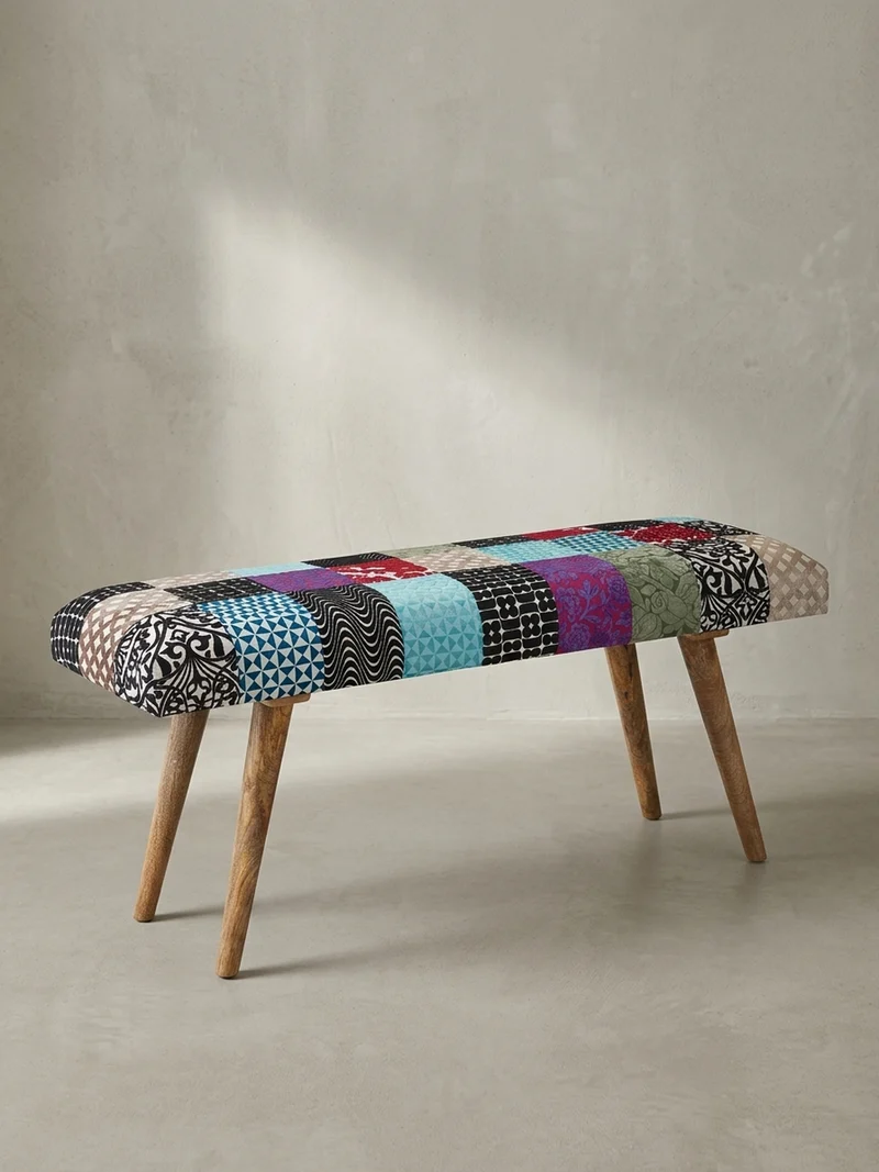 Sitzbank – Patchwork-Stoff, Massivholzbeine