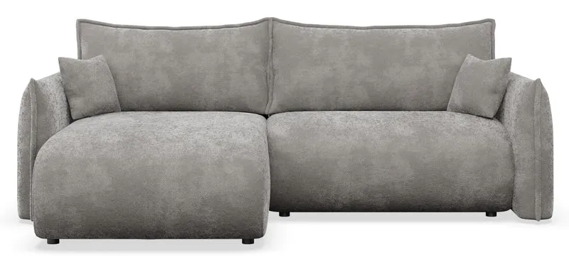Ecksofa mit Schlaffunktion Cushi, L-förmig, linksseitig, mit Stauraum, grauer Chenille-Bezug
