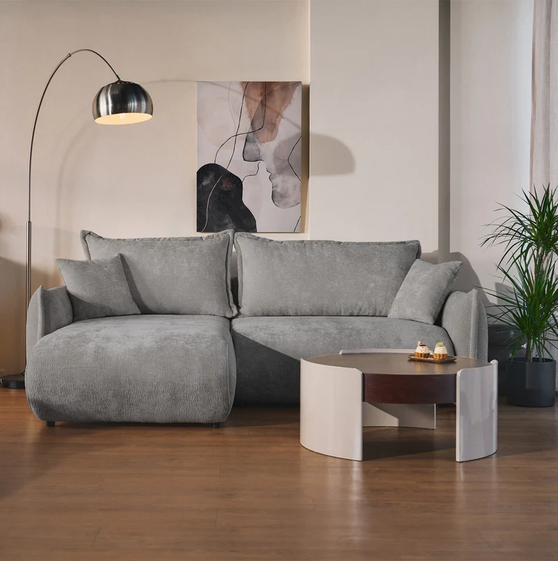 Ecksofa mit Schlaffunktion Cushi, L-förmig, linksseitig, mit Stauraum, grauer Chenille-Bezug