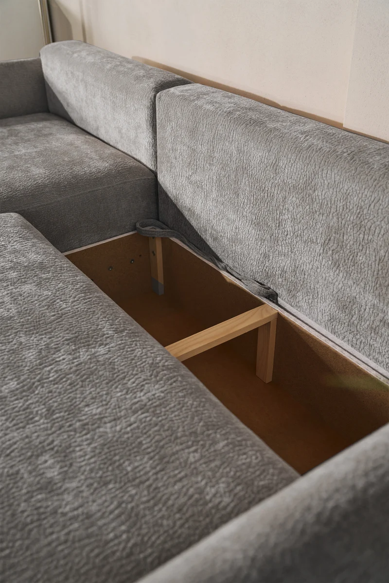 Ecksofa mit Schlaffunktion Cushi, L-förmig, linksseitig, mit Stauraum, grauer Chenille-Bezug