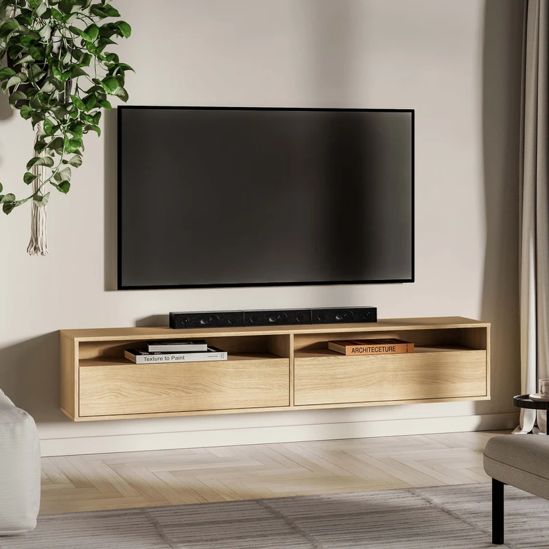 Hängender TV-Schrank Heggers mit zwei Klappen und Nischen, 180 cm, Eiche Mavelie
