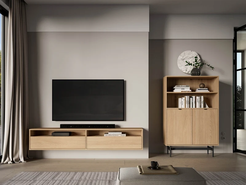 Hängender TV-Schrank Heggers mit zwei Klappen und Nischen, 180 cm, Eiche Mavelie