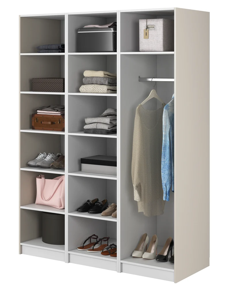 Drehtürenschrank Frame mit Kleiderstange und Regalen 150 cm Grau Beige