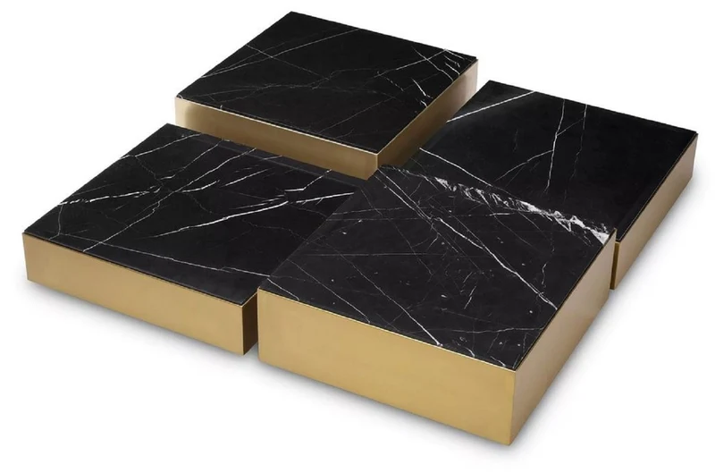 Casa Padrino Luxus Edelstahl Couchtisch Set mit Marmor Tischplatten Messingfarben / Schwarz - Wohnzimmer Möbel - Luxus Möbel - Luxus Kollektion