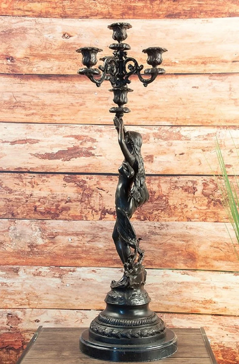 Casa Padrino Luxus Jugendstil Kerzenhalter Set Bronzefarben / Schwarz 23 x 20 x H. 69 cm - Elegante Bronze Kerzenständer mit Marmorsockel - Barock & Jugendstil Deko Accessoires